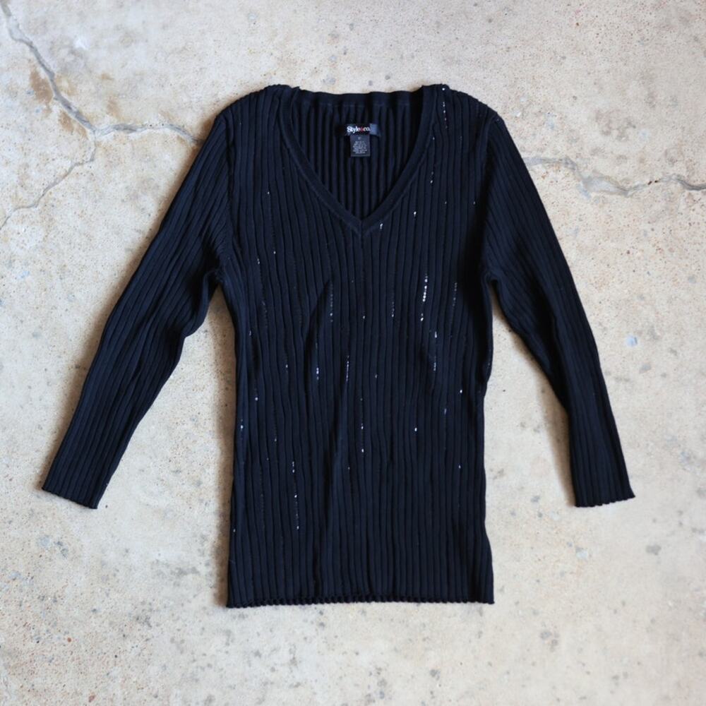 Vintage Silk Sequin Top Y2K Black Long Sleeve Ribbed Style&Co